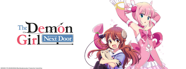 The logo for The Demon Girl Next Door and its two main characters, Shamiko and Momo.