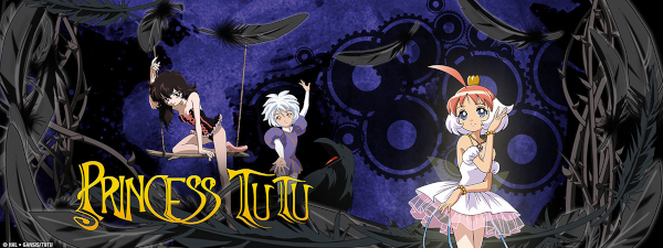 The logo for Princess Tutu along with Duck, Rue and Mytho.